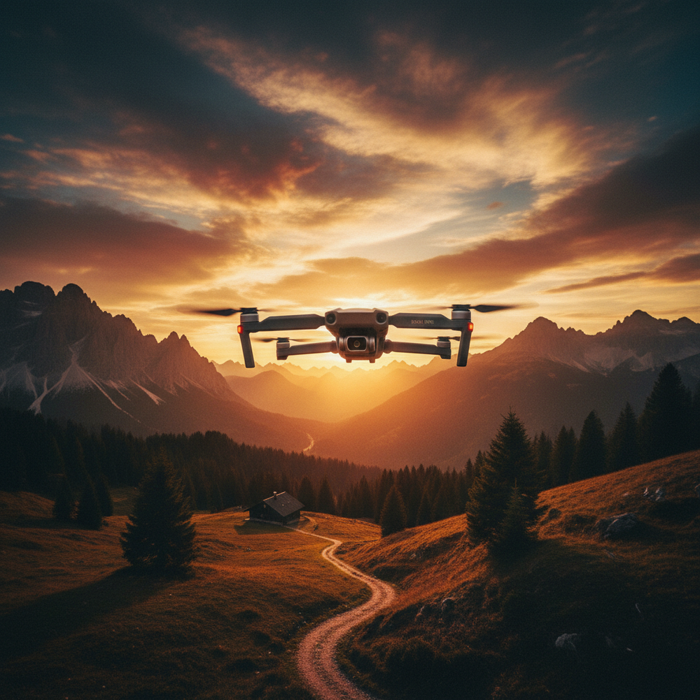 Foldable drone flying over golden hour mountain landscape
